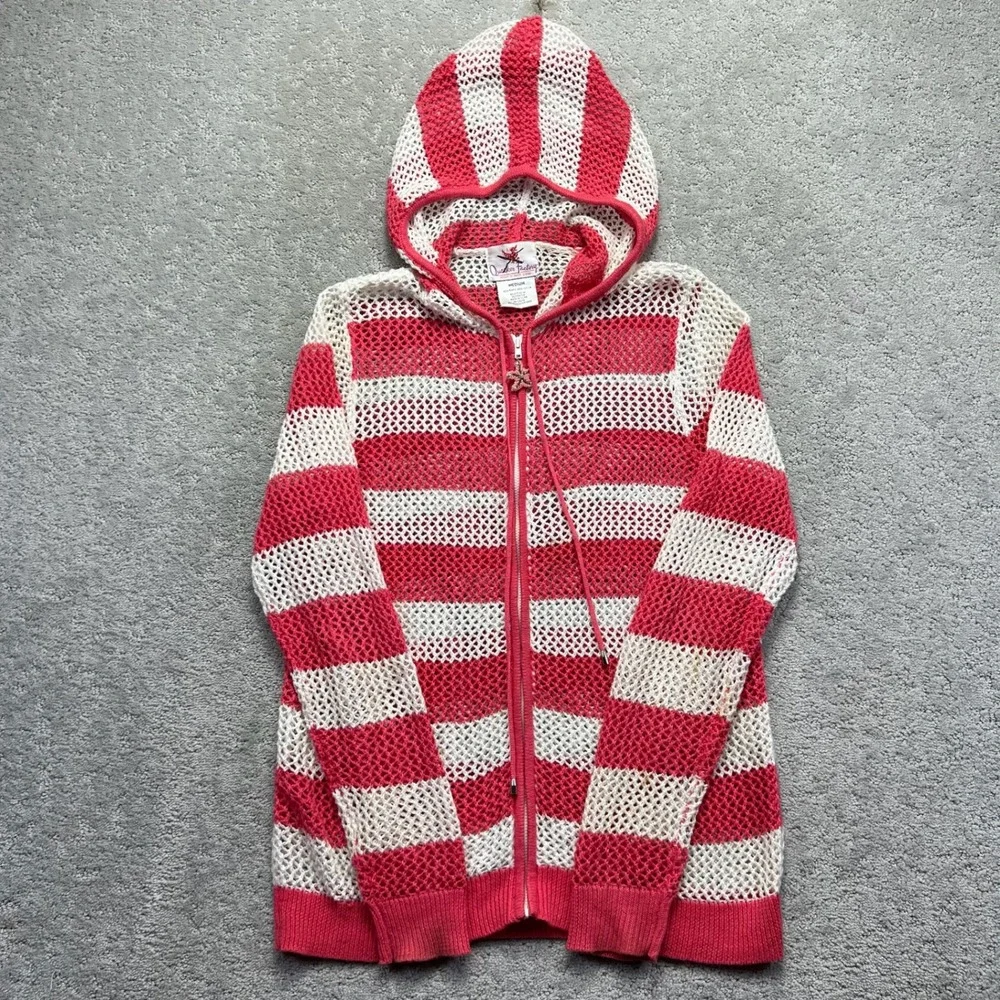 Quacker Factory Hoodie Womens M Pink White Striped Open Knit Zip Starfish Charm